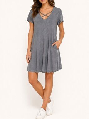 Umgee Gray Criss Cross Swing Dress Small Soft Washed Knit